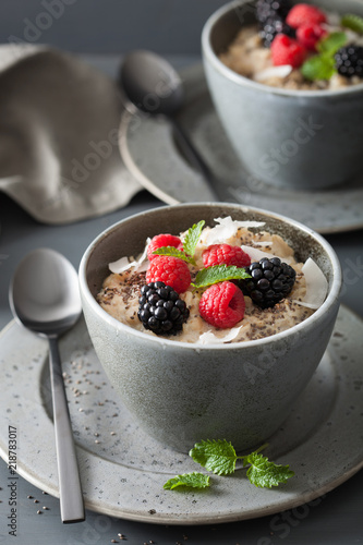 healthy breakfast oatmeal porridge with raspberry blackberry