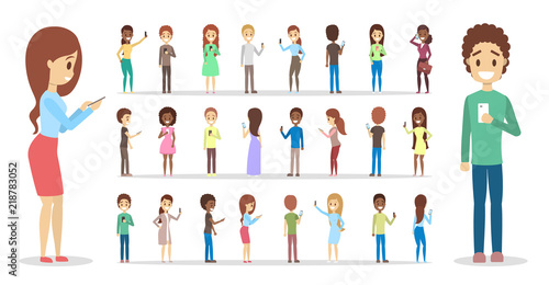Set of cute people using mobile phones