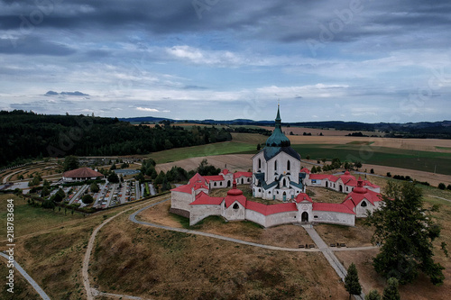 Aerial view of the pilgrimage Church of St. John of Nepomuk at Zelena hora in Žďár nad Sázavou, Czech Republic, Europe from ultralight plane photo