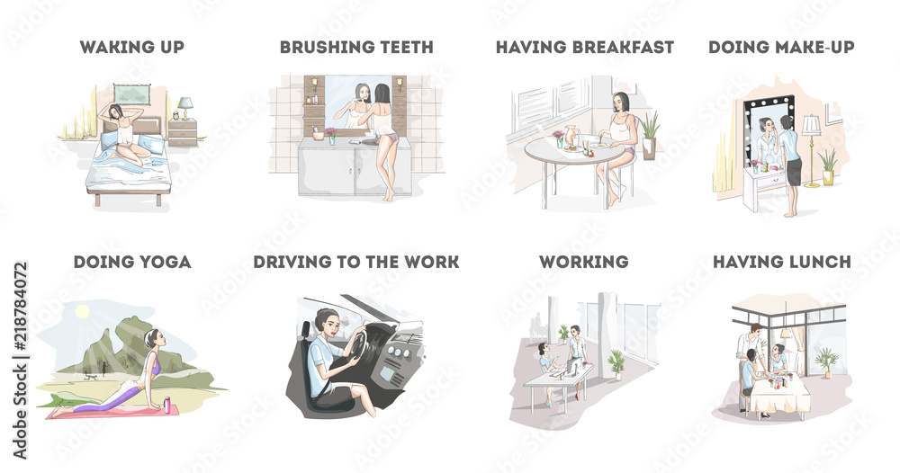Woman daily routine in the beginning of the day