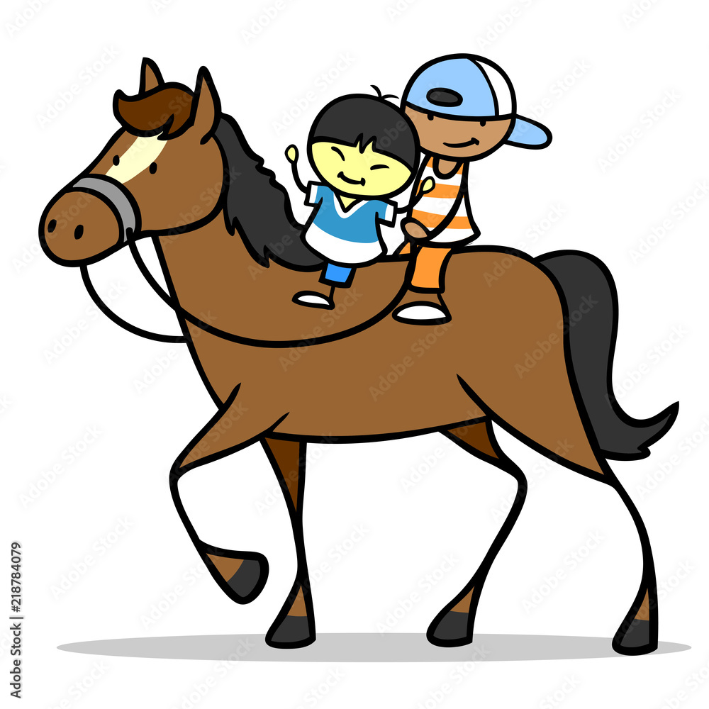 Zwei Kinder reiten zusammen auf Pferd Zwei Kinder reiten zusammen auf Pferd