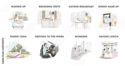 Woman daily routine in the beginning of the day