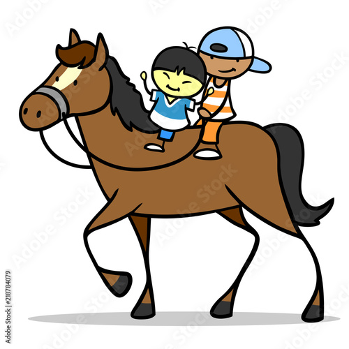 Zwei Kinder reiten zusammen auf Pferd
