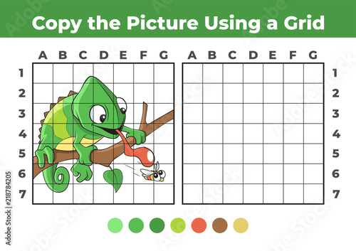 Copy the Picture, an educational game for children. Green Chameleon Catching a Fly.
