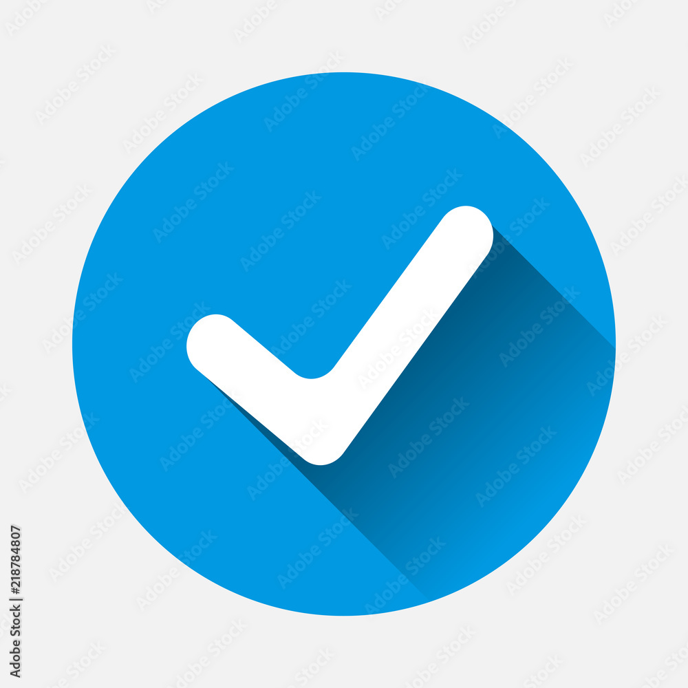 Vector icon check on blue background. Flat image mark with long shadow. Layers grouped for easy editing illustration. For your design. Vector icon check on blue background. Flat image mark with long shadow. Layers grouped for easy editing illustration. For your design.