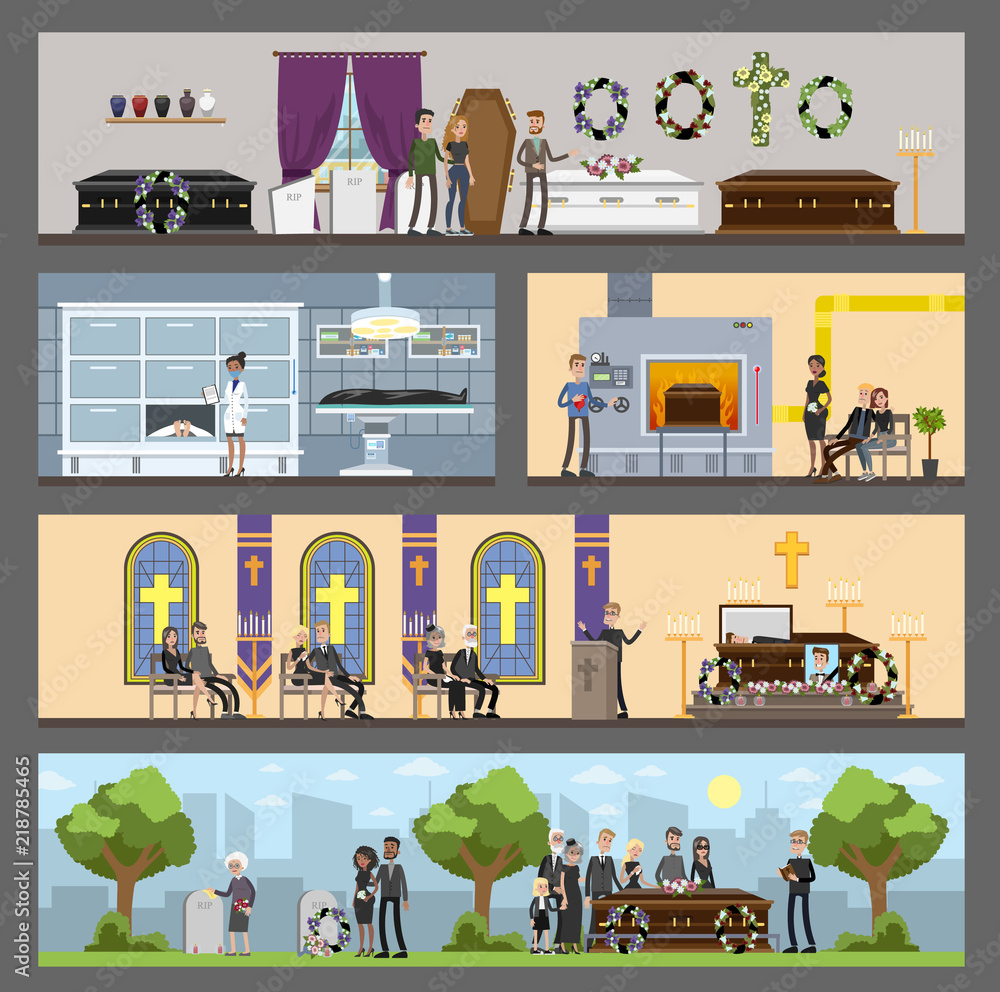 Funeral service interior. Cemetery and crematory illustration Stock