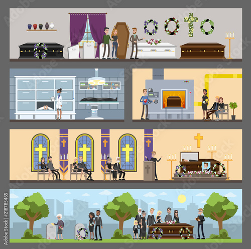 Funeral service interior. Cemetery and crematory illustration