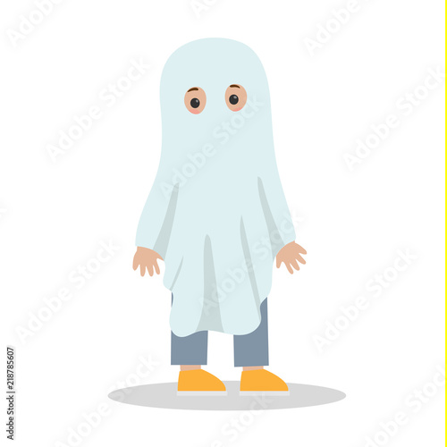 Cute child in a white ghost costume