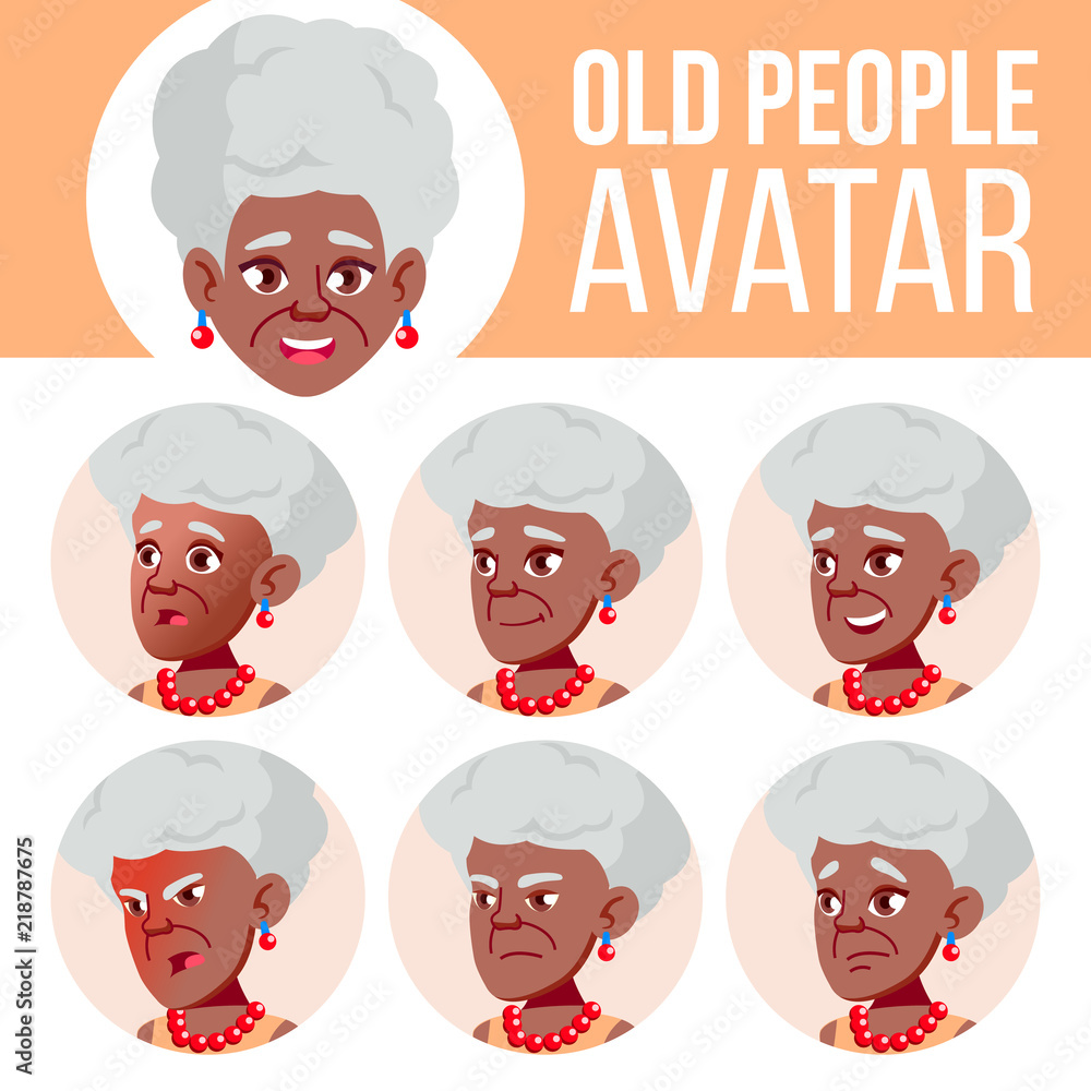 Old Woman Avatar Set Vector. Black. Afro American. Face Emotions. Senior Person Portrait. Elderly People. Aged. User, Character. Cheer, Pretty. Cartoon Head Illustration Old Woman Avatar Set Vector. Black. Afro American. Face Emotions. Senior Person Portrait. Elderly People. Aged. User, Character. Cheer, Pretty. Cartoon Head Illustration