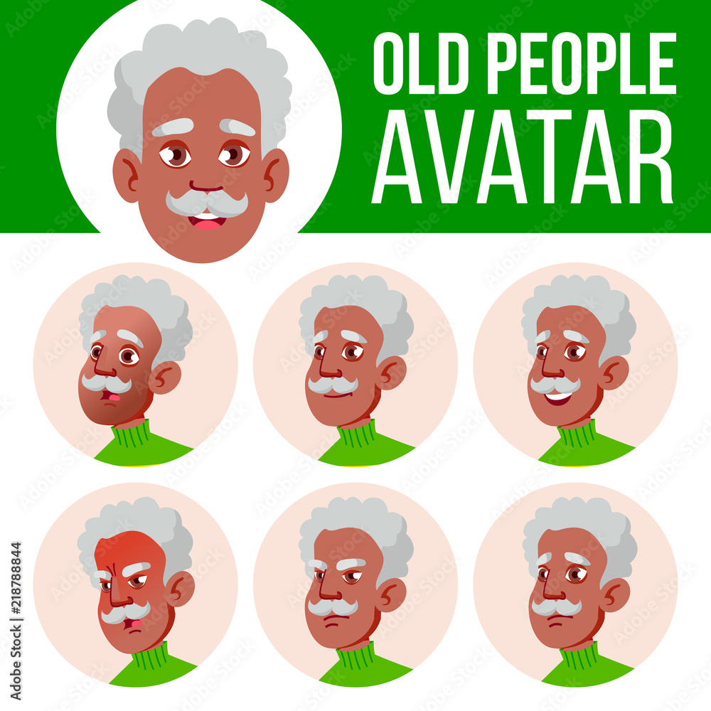 Old Man Avatar Set Vector. Black. Afro American. Face Emotions. Senior Person Portrait. Elderly People. Aged. User, Character. Cheer, Pretty. Cartoon Head Illustration Old Man Avatar Set Vector. Black. Afro American. Face Emotions. Senior Person Portrait. Elderly People. Aged. User, Character. Cheer, Pretty. Cartoon Head Illustration