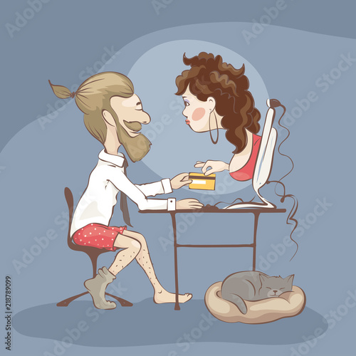 Beautiful stranger on the Internet / The fraudster steals money from a credit card, vector illustration