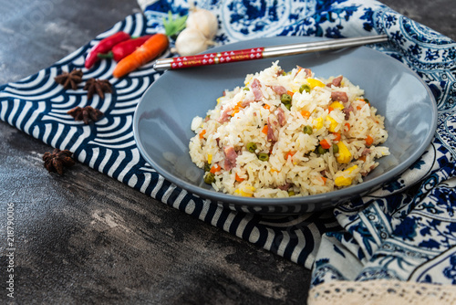 Cantonese fried basmati rice with ham and eggs