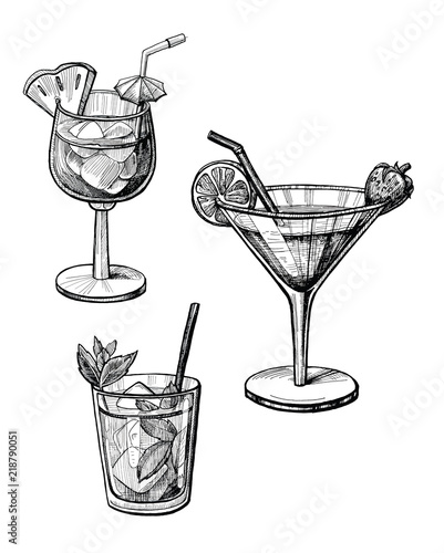 Alcohol cocktail hand drawn illustration set