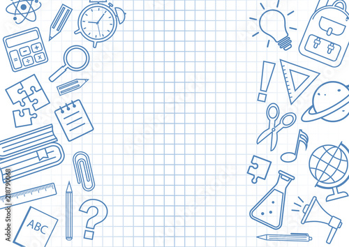 Frame with school supplies on checkered background. Vector illustration