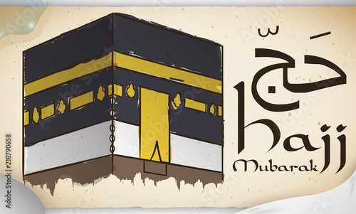 Scroll with Kaaba, Ihram Cloth, Stone and Water for Hajj, Vector Illustration photo