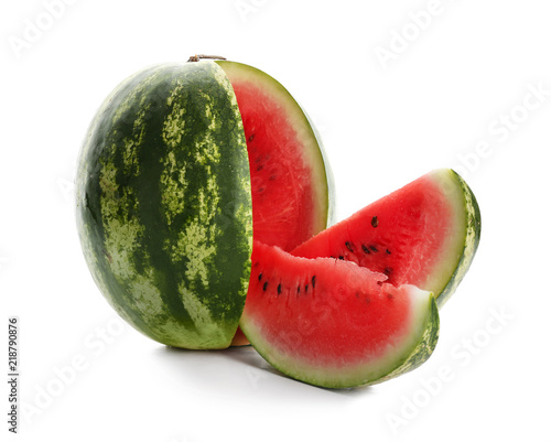Ripe watermelon with slices on white background