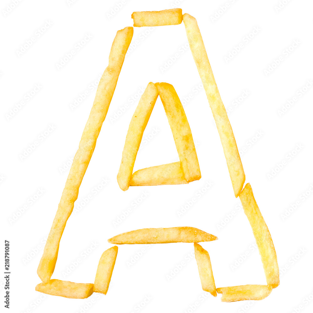 The letter A is made with slices of French fries on a white background, isolate The letter A is made with slices of French fries on a white background, isolate