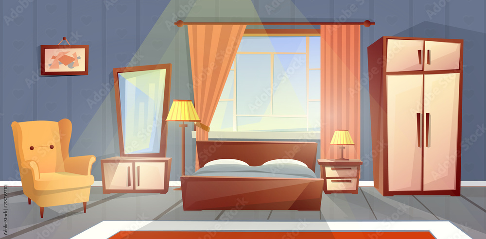 Vector cartoon interior of cozy bedroom with window. Living apartment with  furniture - double bed, dresser and carpet. Colorful background of house  inside Stock Vector | Adobe Stock