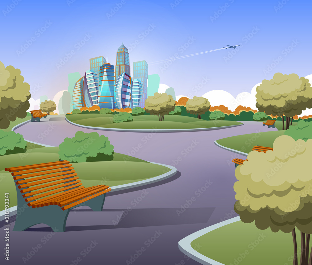 Vector illustration of green parkland with trees, bushes in cartoon style. Lawn with benches and modern buildings on background. Architecture, cityscape concept