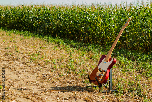 Guitar telecaster in red color against the background of a cornfield