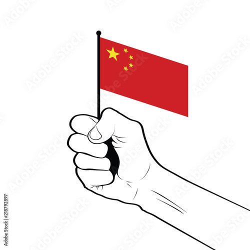 Clenched fist raised in the air holding the national flag of China