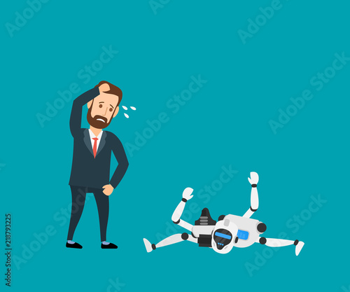 sad businessman and breaking robot humanoid parts