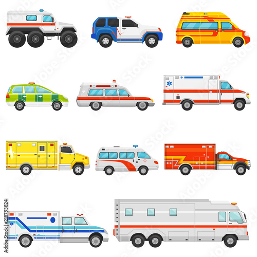 Emergency vehicle vector ambulance transport and service truck illustration set of rescue cmedical car and minibus or van isolated on white background