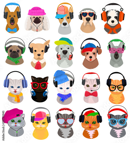 Animal headphones vector cat or dog dj in headphones listening to music illustration set of animalistic character cartoon wild doggy and kitty dj headgear or fashion pets isolated on white background