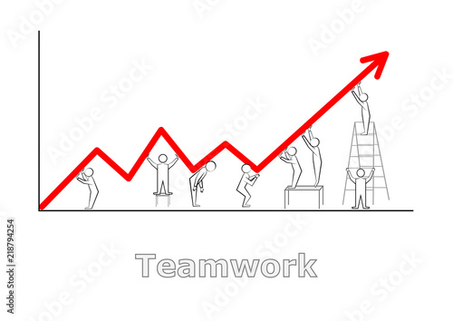 teamwork, abstract little people holding a red broken line of graphics, isolated on white background horizontal  vector illustration