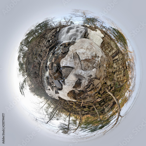 Spherical panorama of waterfall near Vladivostok  Russia  in a form of little planet