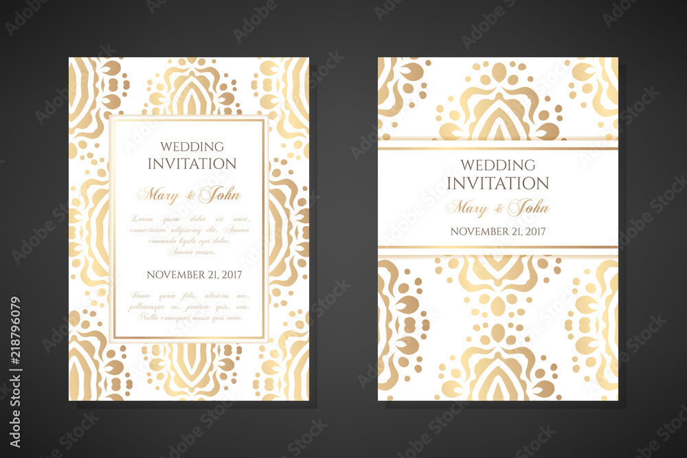 Wedding invitation templates. Cover design with ornaments and white background. Vector decorative vertical posters with copy space.