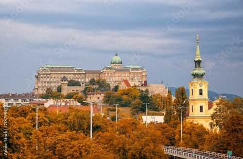 Scenic view of Royal Castle and Saint Catherine church from Gellert hill in Budapest, Hungary