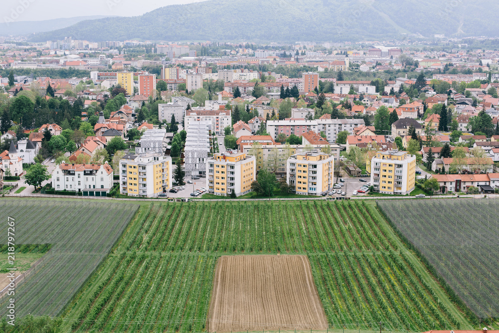 A cityscape of the Slovenian university town Maribor on a cloudy day.