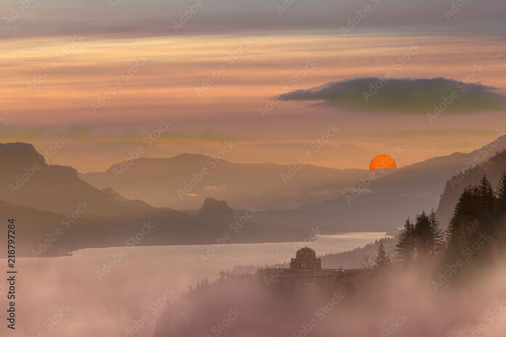 Foggy Red Sun Sunrise at Columbia River Gorge
