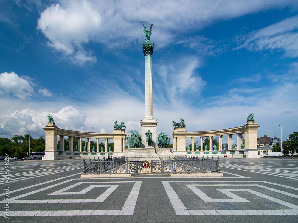 Scenic view Heroes' Square in Budapest, Hungary with Millennium Monument, major attraction of city under picturesque sky
