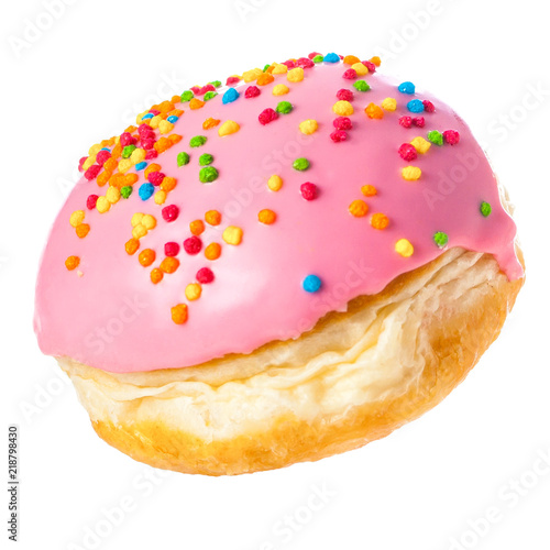 Fresh round donut in pink glaze and multicolored sprinkles isolate on a white background