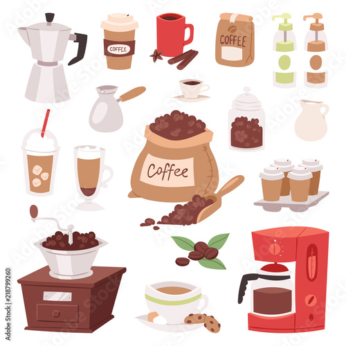 Coffee drink cartoon pot devices and morning beverage coffeemaker espresso cup, desserts coffeine product vector illustration