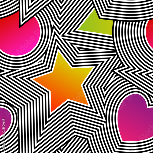 Abstract vector seamless op art pattern. Colorful pop art, graphic ornament. Optical illusion.