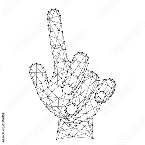 Hand with an outstretched index finger or pressing an invisible button made from futuristic polygonal black lines and dots. Vector illustration.