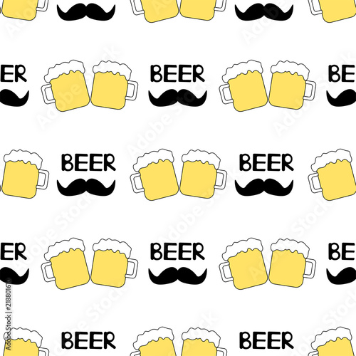 Seamless pattern with beer mugs and mustache on the white background.