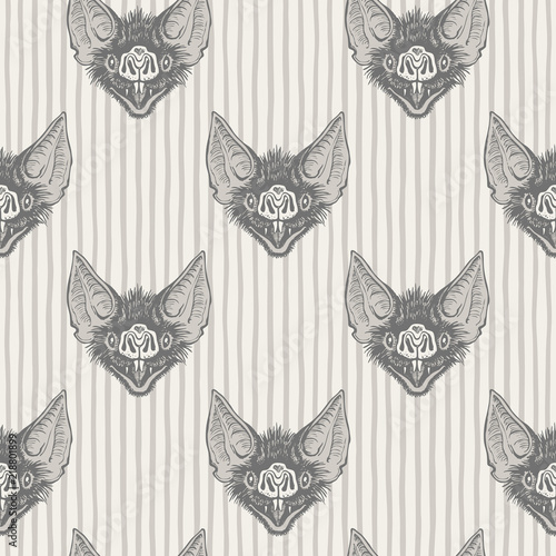 Vampire bat s head with open mouth and bared fangs regular pattern. Halloween  witchcraft  magic  horror retro background. Striped seamless vector texture. Stripes  streaks  bars  uneven doodle lines