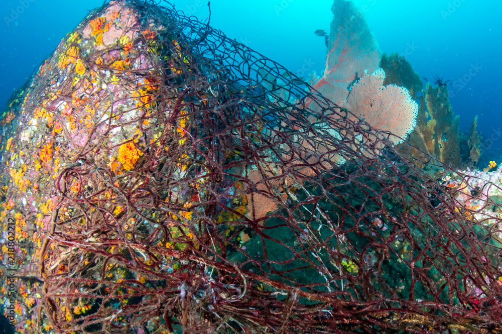 Abandoned Ghost fishing nets on a tropical coral reef Stock Photo