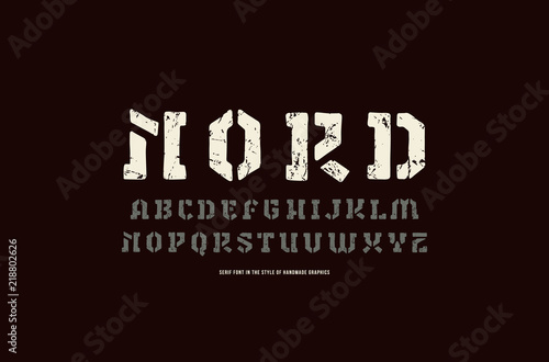 Stencil-plate serif font in the style of handmade graphics