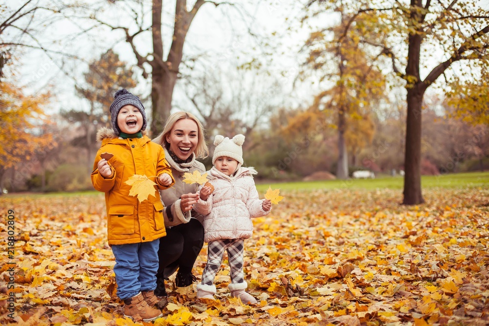A young beautiful mother and two small children are walking around the autumn park. Mom and two small children play. Warm winter. Bright autumn.