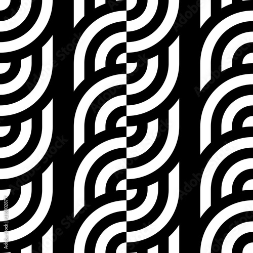 Seamless pattern with circles and striped black white straight lines. Optical illusion effect. Geometric tile in op art style. Vector illusive background for cloth, textile, print, web.