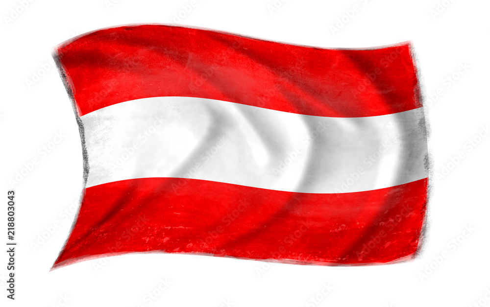 The Austrian flag waving from the wind, proudly fluttering in the wind with traces of use in battle and destruction from difficult warfare