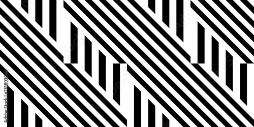 Seamless pattern with striped black white straight lines and diagonal inclined lines (zigzag, chevron). Optical illusion effect, op art. Vector vibrant decorative background, texture.