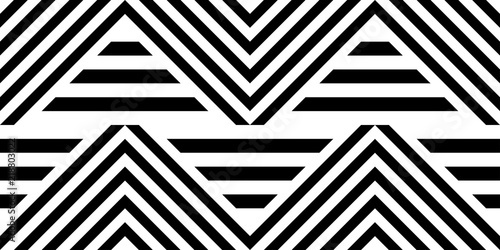Seamless pattern with striped black white straight lines and diagonal inclined lines (zigzag, chevron). Optical illusion effect, op art. Vector vibrant decorative background, texture.