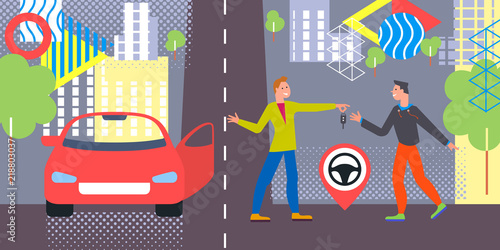 Car business sharing service concept, car rental illustration. Man gives car key to driver. Modern flat style design. Abstract urban background. Map pointer sign steering wheel