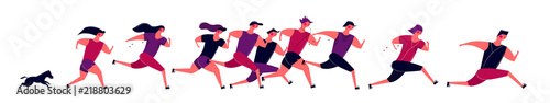 Running people group in motion jogging men women and dog training outdoor